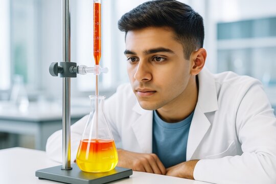 Young scientist in lab coat conducting liquid experiment with burette and flask on bright background, focused on chemical process in laboratory setting. Ai generative