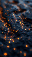 Futuristic circuit board glowing with orange lights on a dark surface, abstract technology background ideal for AI, innovation, and digital design projects.