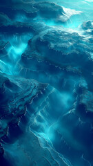 Abstract blue terrain resembling underwater cliffs with glowing light effects, futuristic digital landscape ideal for wallpaper, poster, or modern design projects.