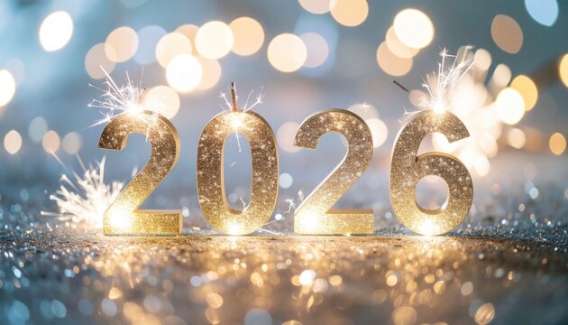 celebrate 2026 fireworks with glittering numbers against sparkling bokeh background, new years eve