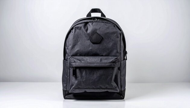 "Minimalist black backpack with padded straps, top handle, and zippered compartments on a light background