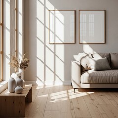 Two mockup poster frames in a sunlit minimalist living room interior with neutral tones, natural textures, and modern Scandinavian decor style