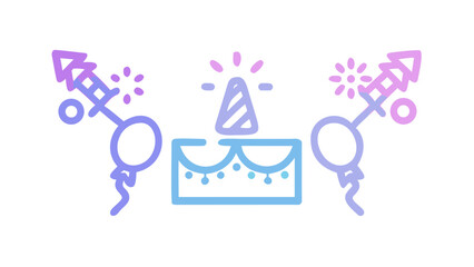 Birthday cake with balloons and fireworks celebration