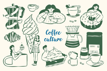 Coffee and dessert doodles. Hand-drawn sketch style funny characters. Art for greeting cards, wedding invitations, poster design, postcards, branding, logo design, wallpapers.	