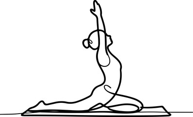 Continuous line art of a woman practicing a serene yoga pose, embodying balance and wellness on a mat for mindful movement and inner peace
