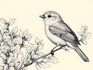 Elegant monochrome illust n of a small bird perched gracefully on a leafy branch showcasing intricate details and natural beauty