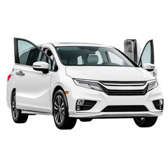 Obraz premium Modern White Minivan with Open Doors Showcasing Interior and Sleek Design
