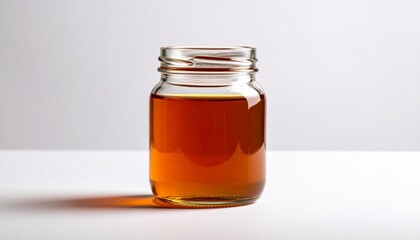 Clear glass jar filled with golden-brown honey or syrup on a white surface with light gray background