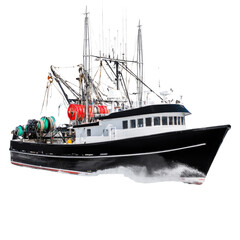Naklejka premium Traditional Fishing Vessel Docked in Harbor with Colorful Buoys and Equipment on a Bright Sunny Day