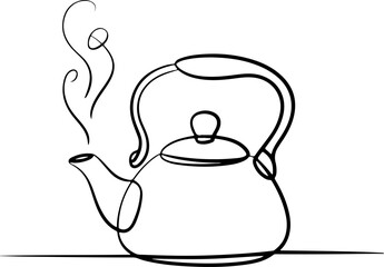 Continuous line art of a steaming kettle A minimalist one-line drawing illustration