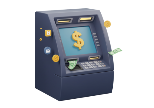 Isolated rendering of an ATM machine showing money being withdrawn for cash transactions