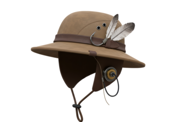 Isolated Vintage Safari Hat with Ear Flaps and Feathers for Adventure Outfitting