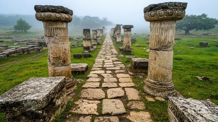 Ancient stone columns and ruins lining a weathered cobblestone pathway in a misty green landscape evoking historical and architectural grandeur