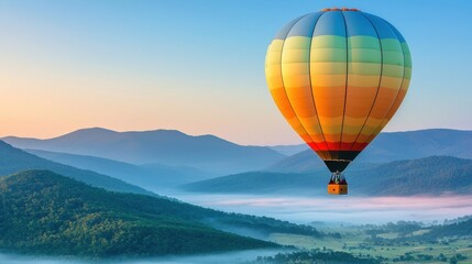 Obraz premium Colorful hot air balloon floating above misty mountain valley at sunrise with soft pastel sky and layered hills in background