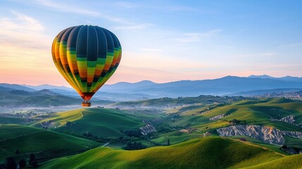 Obraz premium Colorful hot air balloon floating over green rolling hills with mist and blue mountains under a clear sky at sunrise
