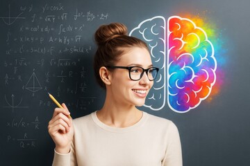 Woman holding pencil smiling in front of chalkboard with mathematical formulas and colorful brain illustration concept on dark background.