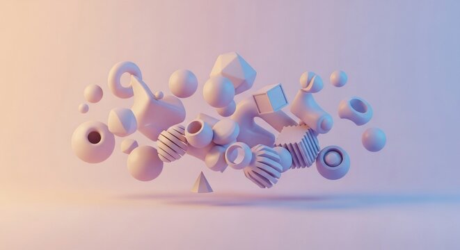 Levitating Abstract Forms in a Dreamy Pastel Gradient Light.