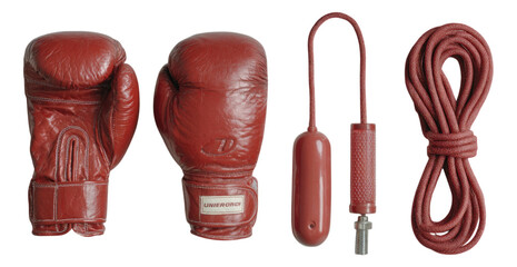 Red Boxing Gloves with Jump Rope Isolated on Transparent Background