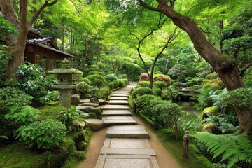 Fototapeta premium Serene Japanese garden path winding through lush greenery (3)