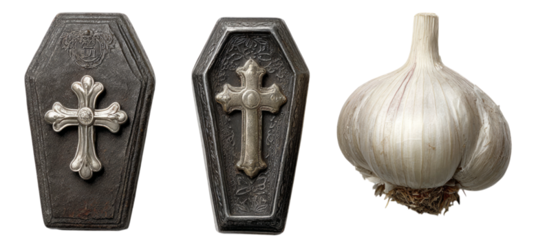 Unique Combination of Coffin and Garlic in Isolated Illustration