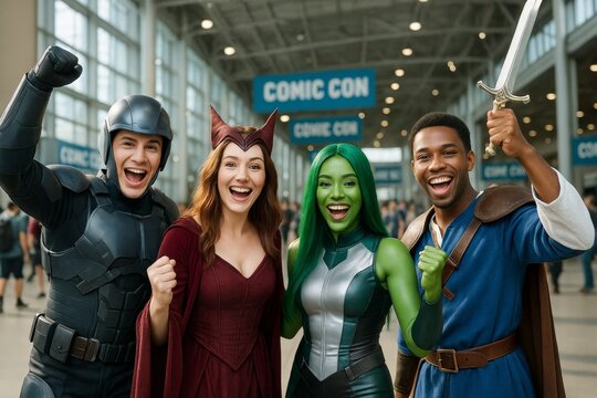 Group of happy cosplayers in colorful costumes at Comic Con event posing together indoors with bright background lighting and excited expressions. Ai generative