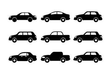 Vector art of collection of car silhouettes, representing different vehicle types for transport and graphic design