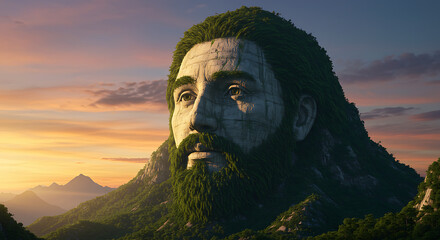 Majestic mountain sculpted as a man with beard against sunset sky