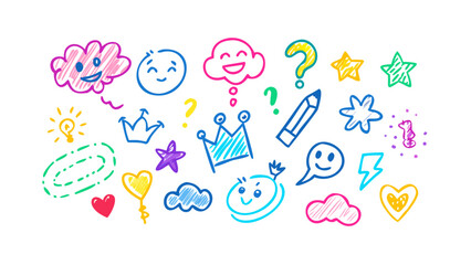 Colorful crayon doodles of faces stars and hearts happy