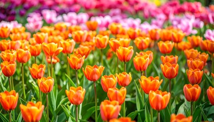A vibrant field of orange tulips, interspersed with other colors, displays a profusion of spring blossoms.