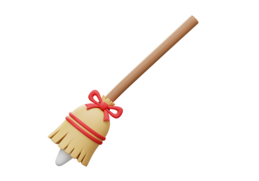 Isolated broom with red ribbons, cute cleaning tool, festive autumn decoration art object