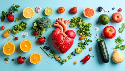 Healthy Heart Illustration Surrounded by Fresh Fruits and Vegetables Promoting Wellness, Fitness, and Balanced Nutrition for World Health Day Awareness Campaigns
