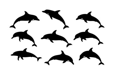 Fototapeta premium Vector art of a playful group of dolphin silhouettes swimming together, , creating a dynamic and engaging pattern with their sleek bodies