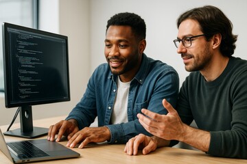 Two software developers collaborating on a coding project in modern office environment with natural light and minimal background distractions. Ai generative