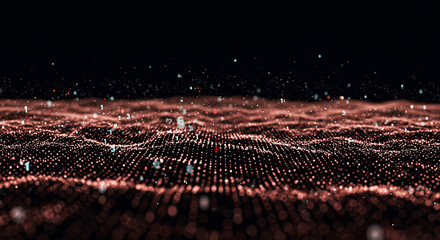 Abstract digital landscape with glowing particles and floating numbers on a dark background visible
