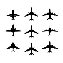 Vector art of collection of airplane silhouettes, featuring various aircraft types and views for aviation and transportation themed designs