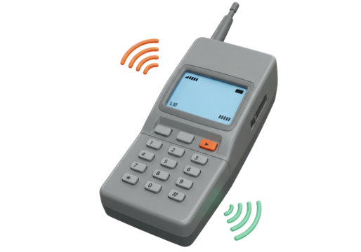 Isolated cell phone from the 1980s broadcasting a wireless signal with antenna and keypad