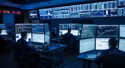Professional traders analyzing real-time stock market data on multiple monitors in a high-tech financial control room