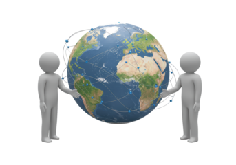 Isolated earth communication concept with figurines sharing earth with global connection