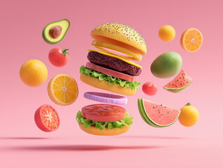 Colorful Floating Burger with Fruits and Vegetables