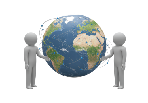 Isolated earth communication concept with figurines sharing earth with global connection