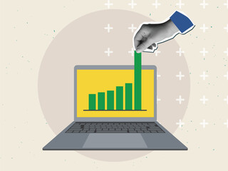 Black and white hand helps to grow graphics on the laptop screen.  Modern collage style. Vector illustration
