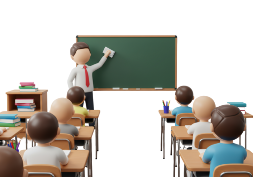 Isolated classroom with students and teacher at chalkboard in 3D rendering style