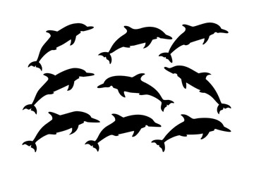 Vector art of group of dolphin silhouettes, depicting marine mammals swimming and jumping in the ocean, representing aquatic wildlife and nature