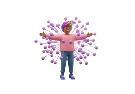 Isolated person with colorful hair surrounded by purple spheres in joyful expression