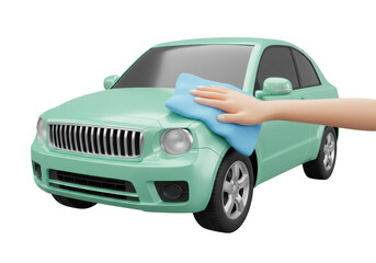 Naklejka premium Isolated mint-green car getting cleaned by hand with blue microfiber rag, auto care, vehicle