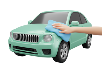 Isolated mint-green car getting cleaned by hand with blue microfiber rag, auto care, vehicle