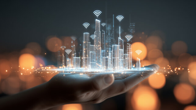 Futuristic Smart City Hologram in Human Hand