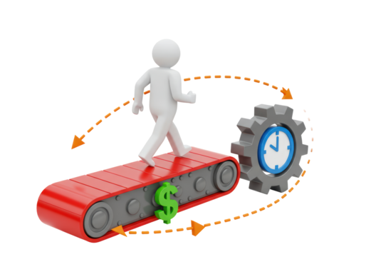 Isolated 3D figure on treadmill, time to make money, efficiency, business cycle concept