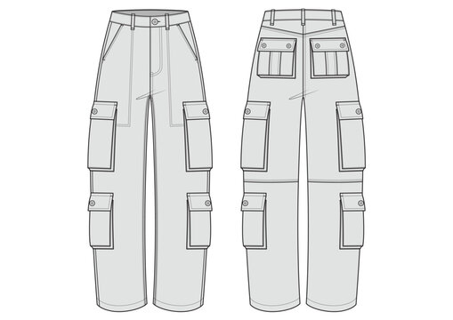 Vector fashion technical drawing of a cargo pants with front and back view. Side slant pockets. Double pockets on both left and right side side seams. Back pockets. Woven fabric.