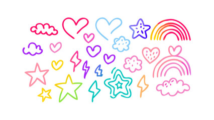 Cute doodle icons with vibrant outlines hearts stars